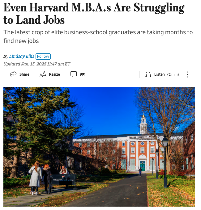 Screenshot of Wall Street Journal article: Even Harvard M.B.A.s Are Struggling to Land Jobs